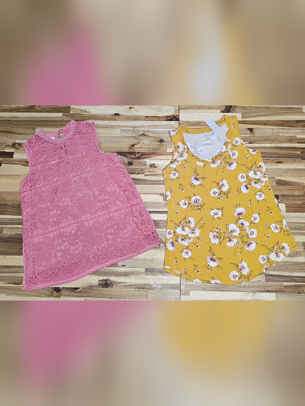 Maurices Pink Crochet Overlay Tank & Mustard Floral Shell Duo